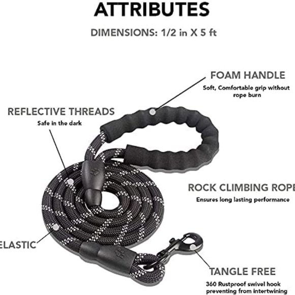 Nylon Dog Leash 1/2'' x 5 FT (18~120 lbs.) Black/White - Picture 4 of 5